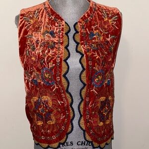 Embroidered Embellished Velvet Vest with Crochet Trim Orange Red Size Snall